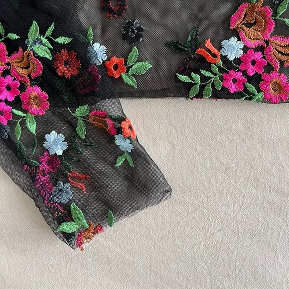 Black Mesh Long-Sleeve Top with Floral Embroidery (size M) - Picture 5 of 7